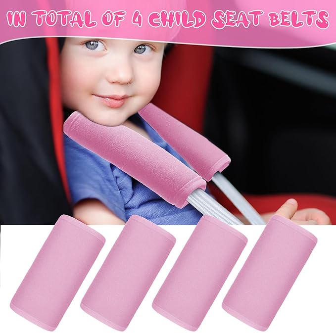 Riakrum 4 Pcs Baby Car Seat Belt Covers Soft Car Seat Straps Shoulder Pads for Kid Infant Stroller Strap Covers Safety Belt Cushion Pads for Boy and Girl(Pink,5.7 x 2.6 Inch)