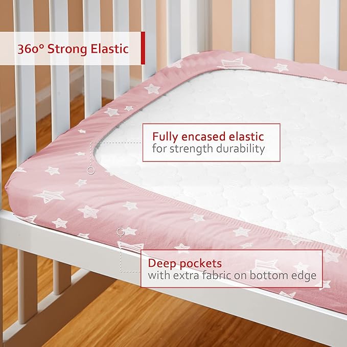 Pack and Play Sheets Fitted, Breathable Thick Playard Lovely Print Cover 39"×27"×5" Compatible with Graco Pack n Play, Pink Star