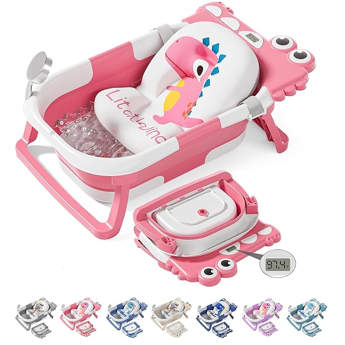 TPN Collapsible Baby Bathtub, Baby Bath Tub with Soft Cushion & Real-Time Thermometer, Baby Bathtub Infant to Toddler Tub (0-36 Months), Portable Travel Baby Tubs for Newborns (Pink)
