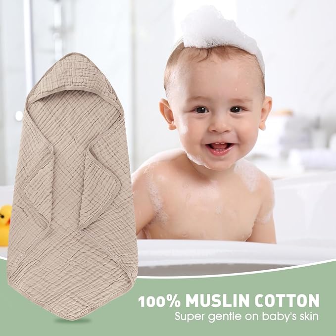 Synrroe 2 Pack Hooded Muslin Cotton Baby Towels (Green/Brown), 32 by 32 Inches, Ultra-Soft & Breathable for Baby Bath Time