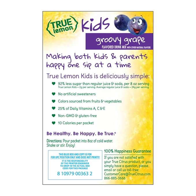 TRUE LEMON KIDS Groovy Grape (10 Packets) for Hydration - No Preservatives, No Artificial Flavors, No Artificial Sweeteners - Low Sugar Water Flavoring - Powdered Drink Mix for Kids