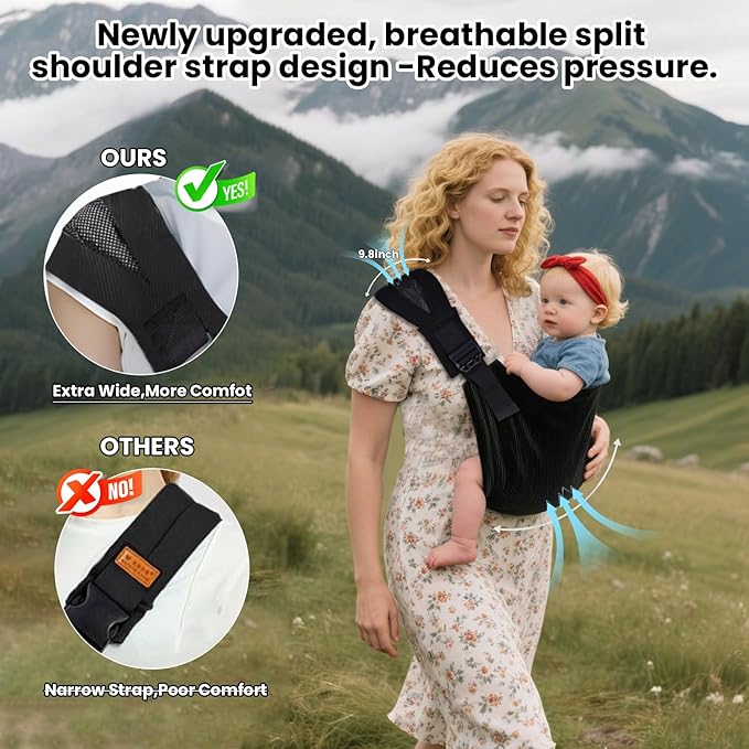 Baby Sling Carrier for Toddler, Baby Sling, Adjustable Front & Back with Non-Slip Hip Seat, Portable Lightweight & Breathable Ergonomic Design, Travel-Friendly Safe Carrier for 10-60 lbs (Black)