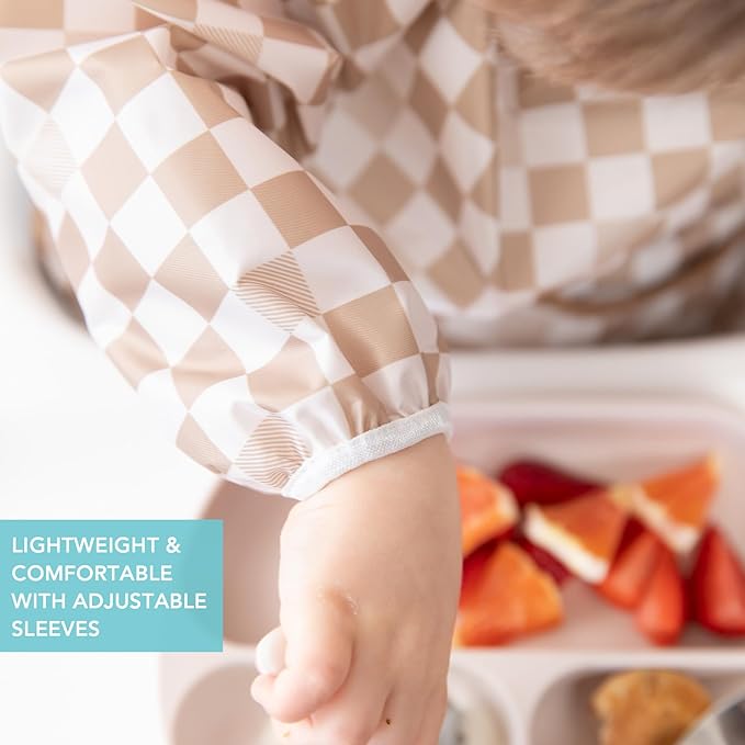 Bumkins Sleeved Bib for Girl or Boy, Baby and Toddler for 6-24 Mos, Essential Must Have for Eating, Feeding, Baby Led Weaning Supplies, Long Sleeve Mess Saving Food Catcher, Soft Fabric, Beige Check