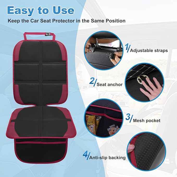 Car Seat Protector for Child, 2 Pack With Mesh Pockets & Non-Slip Backing 600D Durable Under Baby Seat Cover for Back Seat (Burgundy, Standard)