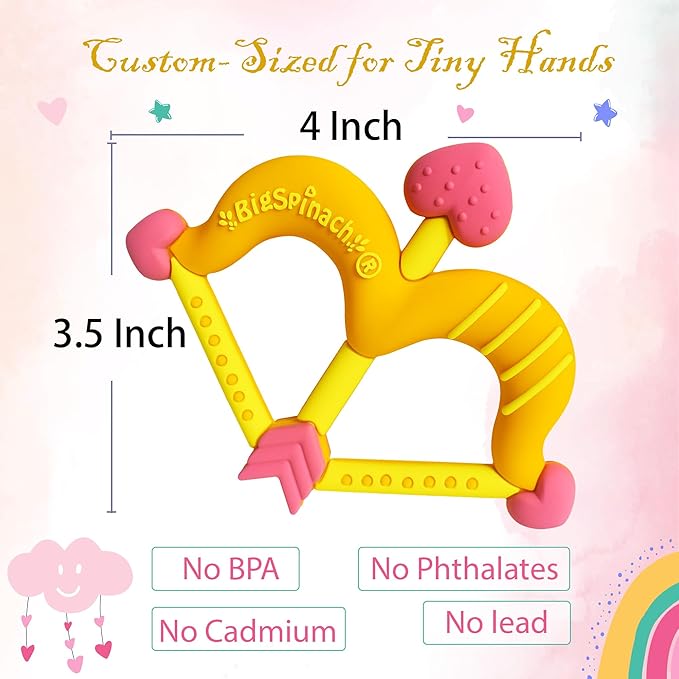 Teethers Heart Shape Silicone Baby Teether Toy Easy for Little Hands to Hold,Cupid Bow and Arrow Soft Teething Toy for Infants,Valentine's Gift for Girl or Boy (Yellow)