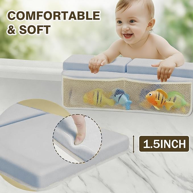 Water-Resistant Baby Bath Kneeler and Elbow Rest Pad Set, Soft Bathtub Kneeling Pad for Bathing Baby with Toys Pocket, Tub Knee Cushion Mat for First Time Mom Newborn Bath Time Essentials, Grey