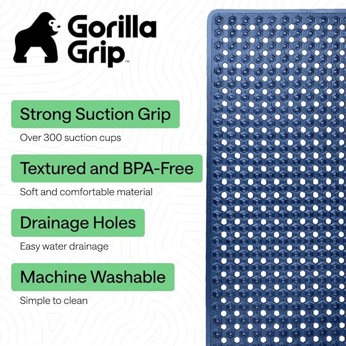 GORILLA GRIP Patented Bath Tub Shower Mat, Machine Washable Bathtub Floor Liner Mats, Suction Cups and Drain Holes to Keep Tubs Clean, Soft on Feet, Bathroom Essentials, 35x16 Inch, Clear Navy