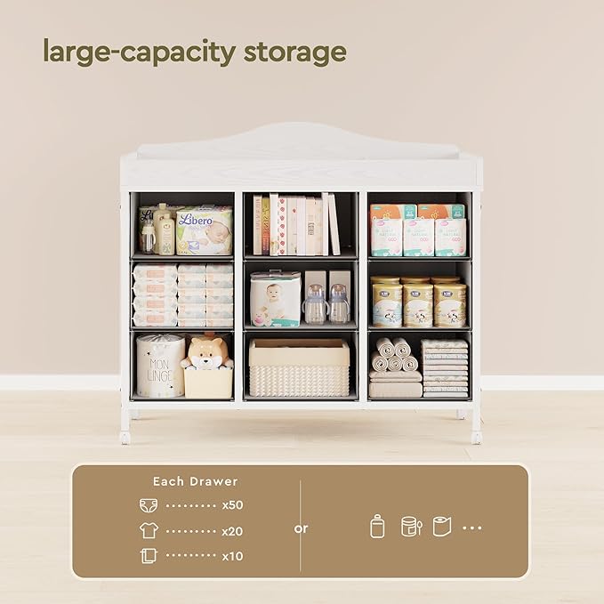 Baby Changing Table with 9 Fabric Drawers, Waterproof Diaper Changing Station & Pad, Mobile Nursery Diaper Changing Table, Baby Furniture, Bedroom, White
