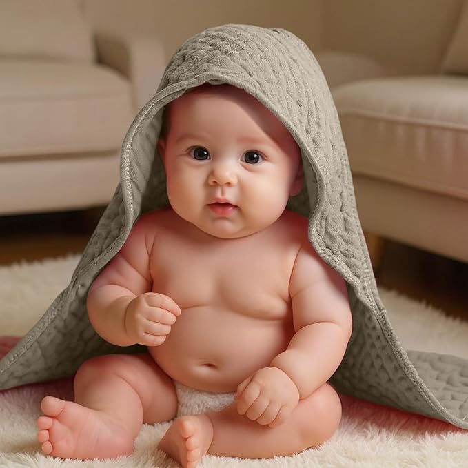 Peryiter 4 Pcs Muslin Hooded Baby Towels 32x32inch Cotton Newborn Bath Essentials Muslin Infant Blankets Absorbent Registry Baby Shower Present for Babies Girl Boy Kids (Brown Series)