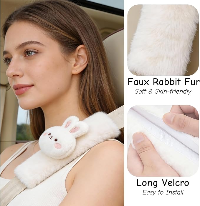 2 PCS Seat Belt Cover Pad, Cute Kawaii Animal Bunny Seatbelt Covers for Kids and Adults, Winter Plush Fluffy Soft Seat Belt Cover, Cartoon Seatbelt Cushion,Car Seat Strap Pads (F-Bunny)