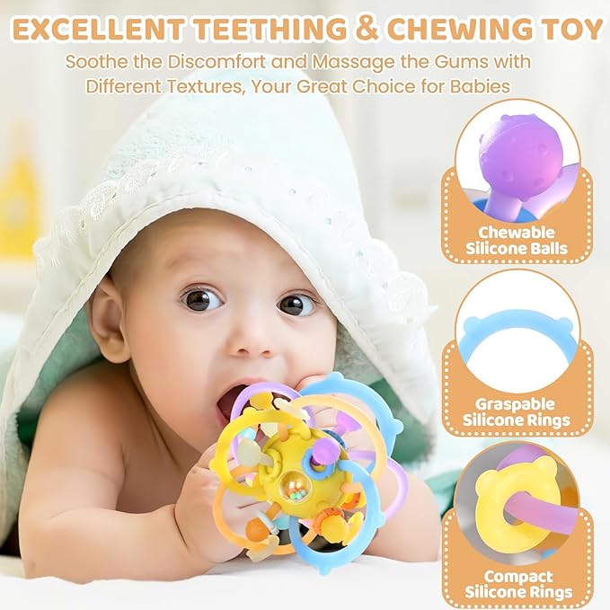 Baby Sensory Teething Toys, Baby Montessori Teether Toys for 0 3 6 9 12 18 Months, Silicone Tummy Time Toy with Rattle Ball for Newborn Infant, Learning Delopmental Gift for Boys Girls, Yellow