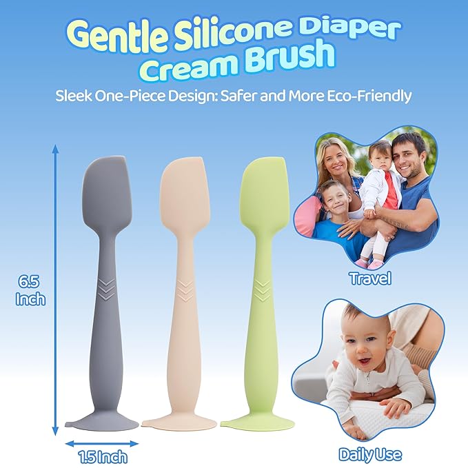 3-Pack Diaper Cream Spatula - Soft Silicone Butt Paste Spatula with Full-Size Applicators, Diaper Rash Cream Applicator for Newborn Baby Essentials (Green, Beige, Gray)