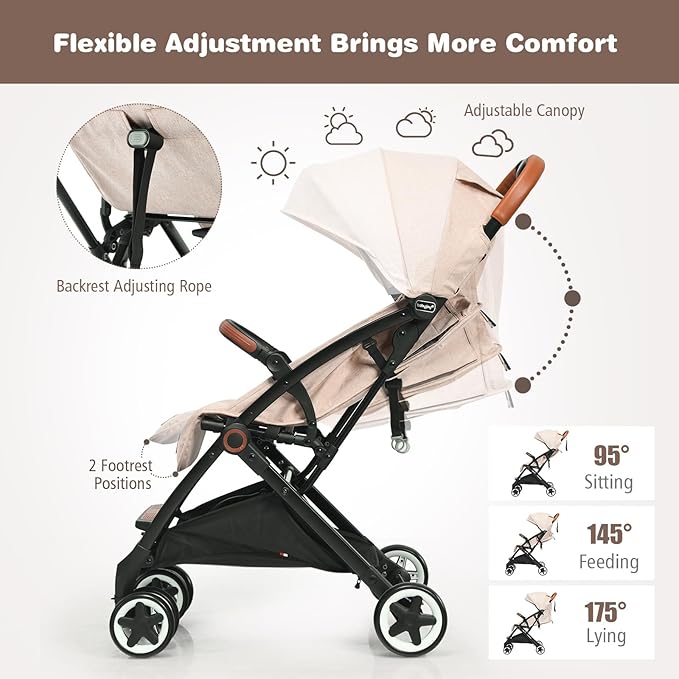 BABY JOY Lightweight Baby Stroller, Compact Toddler Travel Stroller for Airplane, Infant Stroller w/ 5-Point Harness, Adjustable Backrest/Footrest/Canopy, Storage Basket, Easy One-Hand Fold, Beige