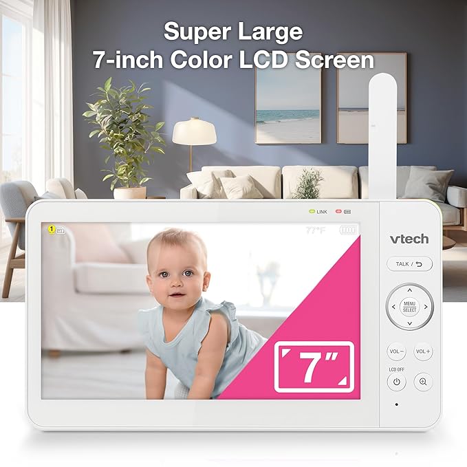 VTech 7" Baby Monitor with IPS Screen, Pan Tilt Zoom Camera, No WiFi Video Baby Monitor, Multi-Color Night Light, 2-Way Talk, Lullabies, Long Battery Life Long Range: Advanced HQ Max Blue