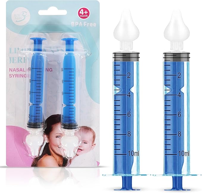 Bluet B - Baby Nasal Syringe (2-Pack) - Safe Silicone Nasal Aspirator for Newborn - Infant Mucus Removal - 10ml Nose Cleaner Syringe for Baby - Toddler Congestion Relief - Reusable Tips - Blue