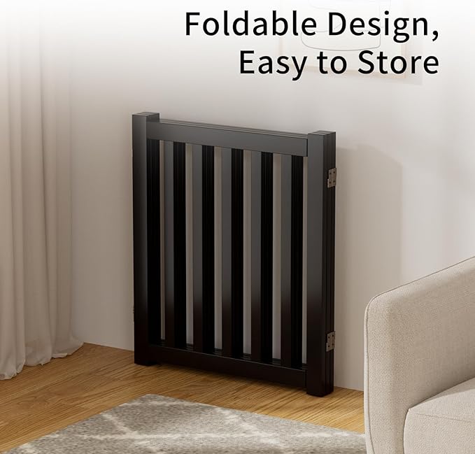 3-Panel Solid Wood Dog Gate - Freestanding Folding Pet Gate for Doorways, Stairs, Indoor, 24" Height, No Installation Needed, Black