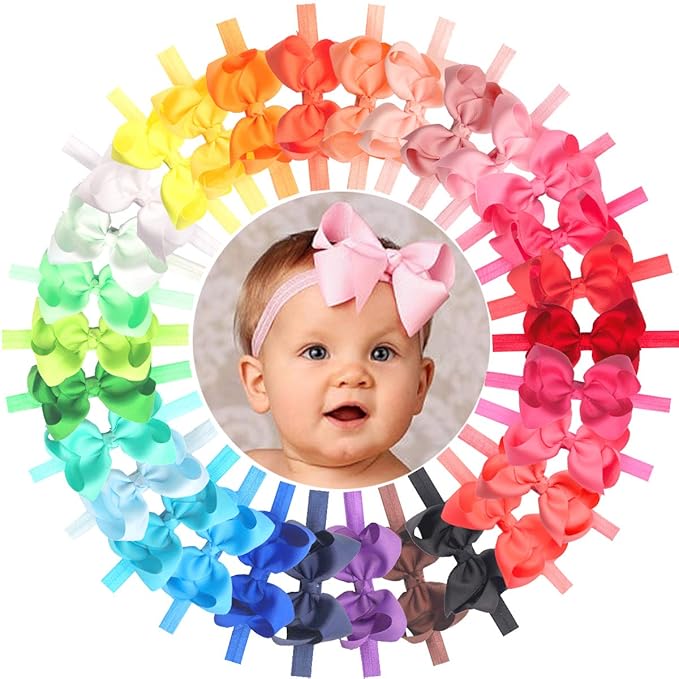 CÉLLOT Baby Girls Headbands Grosgrain Ribbon 4.5" Hair Bows Headband Big Bow Hair Bands for Toddler Pack of 30