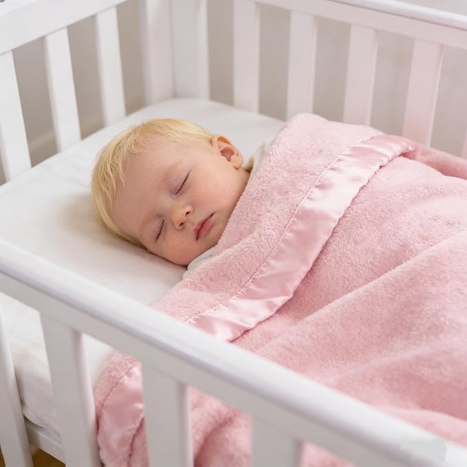 American Baby Company Fleece Blanket (30" x 40") with Silk-Like Satin Trim, Soft, Warm & Cozy, Pink, for Boys and Girls, Perfect for Baby Carrier, Stroller, Travel and Gifting