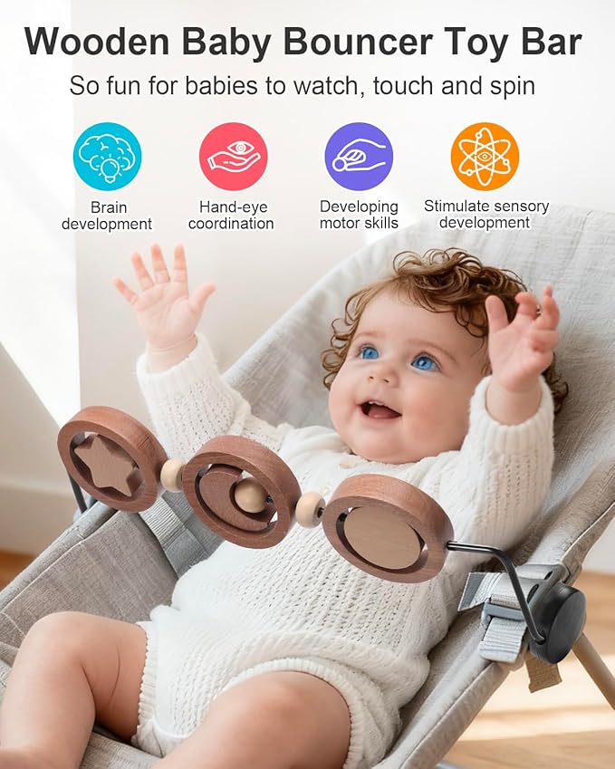 Baby Bouncer Toy Bar Compatible with Baby Bjorn Bouncer, Wooden Toys Attachment Easy to Attach and Remove Sensory Toys for Babies All Ages Christmas Toddler Gifts - Moon and Stars