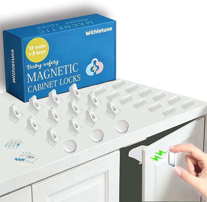 (12 Locks + 3 Keys) Withletune Child Safety Magnetic Cabinet Locks - Child Safety Drawer Lock, Suitable for Kitchens, cabinets, and Storage cabinets - no Drilling Required, Adhesive Installation.