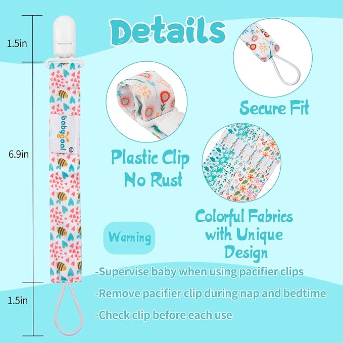 babygoal Floral Pacifier Clips, 6 Pack Binky Paci Holder Clips Leashes Fits for Most Pacifiers and Binkies 6PS13