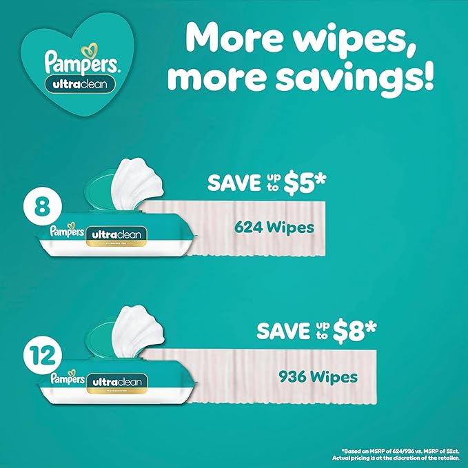 Pampers Ultra Clean Baby Wipes (Previously 'Free & Gentle'), 99% Water, Hypoallergenic, Unscented, 100% Plant Based, Plastic-Free, 624 Baby Wipes Total (8X Flip-Top Packs) [Packaging May Vary]