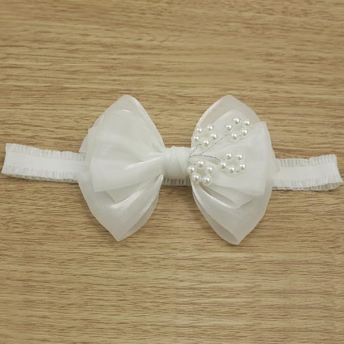 Fairy Multi-layer Pearlescent Organza White Bow Headband for Baby Girl Baptism Christening White Bow Headpiece (0-6 months,Off White headband-5)