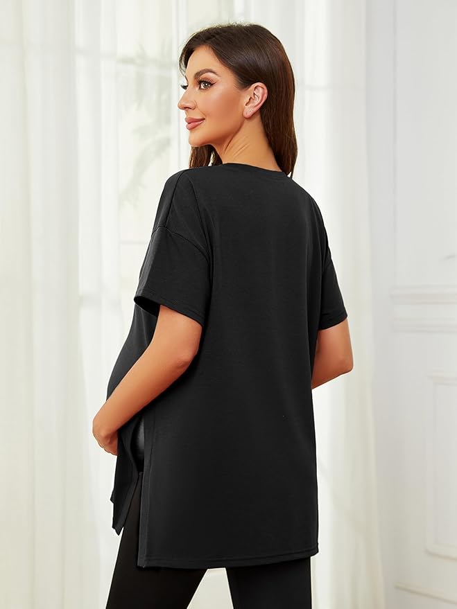 Ecavus Women's Casual Maternity Shirts Split Side Pregnancy Tops Blouses Short Sleeve Loose Fit Maternity Clothes