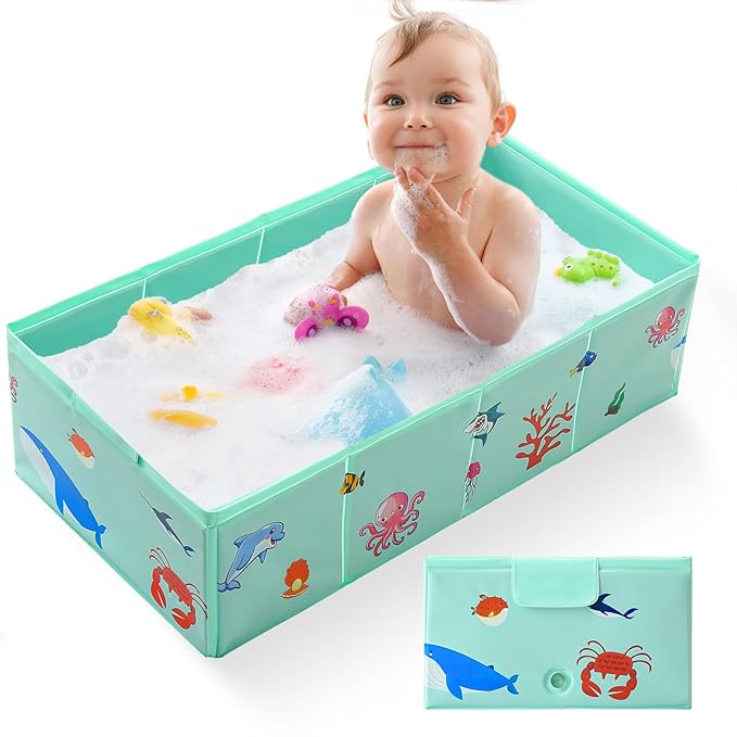 Portable Foldable Baby Bathtub with Drain Plug, 30" L x 15.2" W x 8.6" H Kids Travel Tub, Converts Shower to Tub, No Assembly Folds Flat for Storage, for Infant Toddler 6M-5 Years, Green