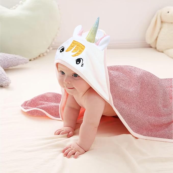 Super Soft Baby Hooded Towel, Cute Animal Bath Towels Ultra Absorbent 34x34 Inch for Newborn Infant,Toddler, (Unicorn) (Pink)
