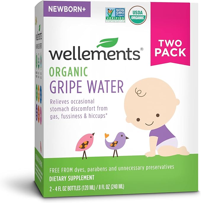 Wellements Gripe Water 4 Fl Oz (Pack of 2) Relieves Occasional Stomach Discomfort from Gas, Fussiness & Hiccups, USDA Certified Organic, Gluten Free & Non GMO, Ages Newborn+