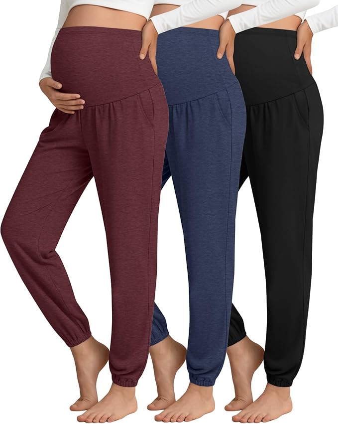 3 Pack Women's Maternity Pants Maternity Jogger Sweatpants Over The Belly Stretchy Pregnancy Pants with Pockets