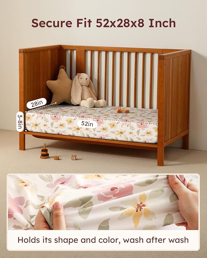 Baby Crib Sheets for Boys Girls, 28x52x8in Fitted Crib Sheet Neutral 3 Pack for Standard Crib and Toddler Mattress, Breathable Soft Microfiber Baby Sheet Pink Flowers & Leaf