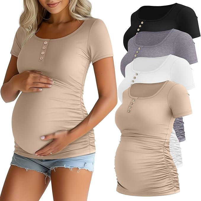 Riyiper 4 Pack Women's Maternity Shirts, Henley Scoop Neck Pregnancy Tee Tops Short Sleeve Side Ruched Mama Clothes