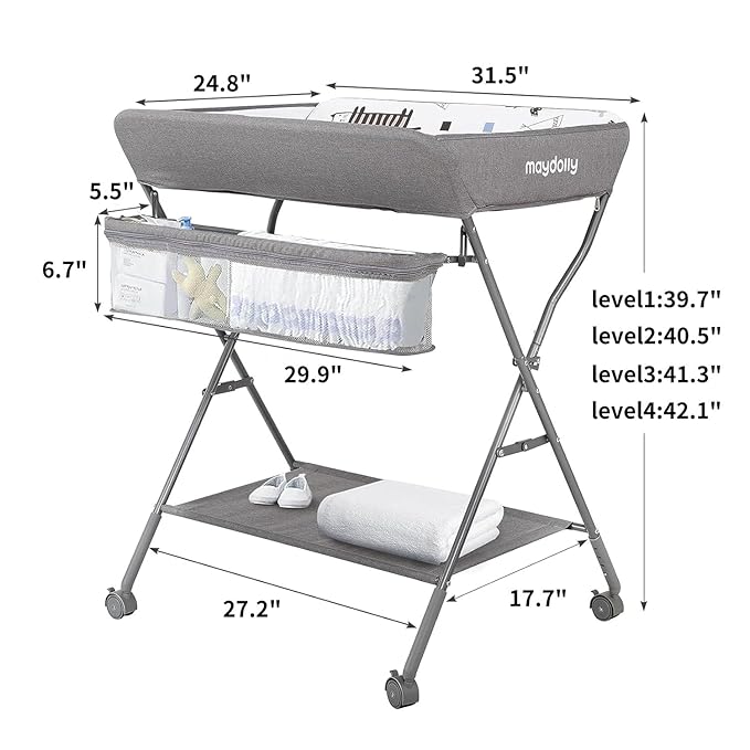 Baby Changing Table with Wheels, Maydolly Portable Adjustable Height Folding Diaper Station with Nursery Organizer & Storage Rack for Newborn Baby and Infant (Light Grey)