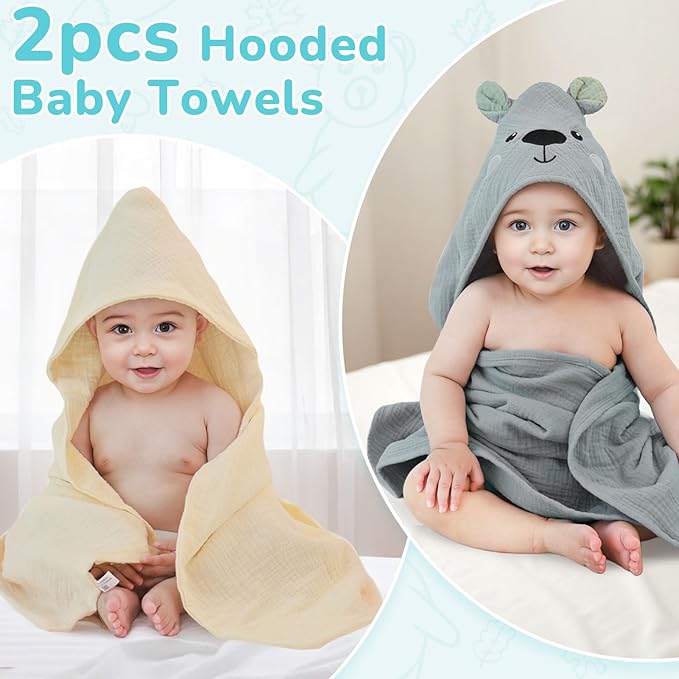 Unicorn Castle Hooded Baby Towels 2Pack 100% Muslin Baby Bath Towels for Newborn Animal Design Ultra-Soft Baby Girl Boy Bath Essentials 30 X 30 Inch,Gray Bear - Beige