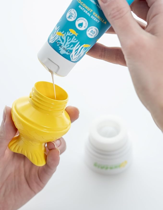 Sun-Easy Sunscreen Applicator, Refillable Roll-On with Sponge for Kids and Babies, Fun, Fast and Mess-Free application, Holds 80 ml, Fish/Pink Cap