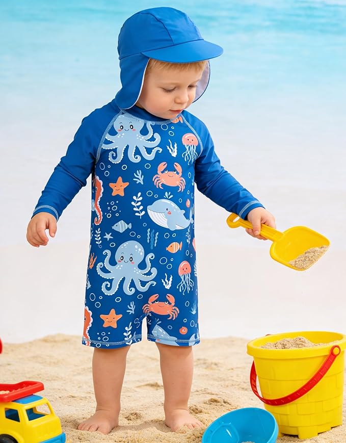 ADUKIDE Baby Boys Swimsuit Summer Beach Rash Guard Swimwear One Piece Sunsuit with Sun Hat 3-24 Months