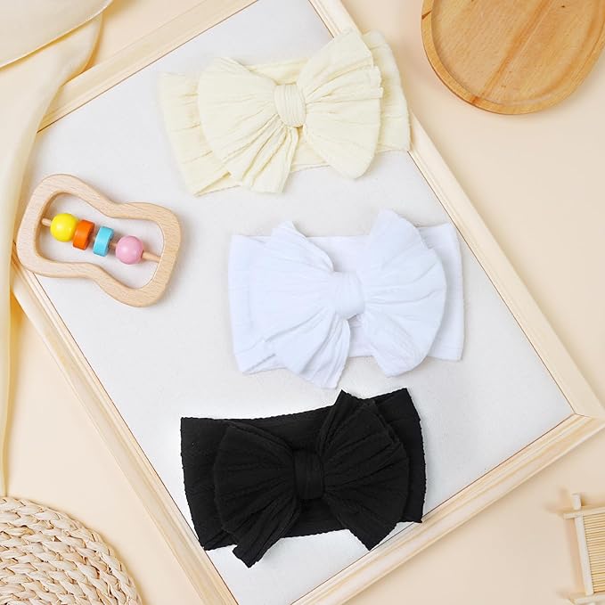 JOYOYO 3 Pcs Soft Wide Turban Baby Headbands with Double-Layer Bow for Baby Girls, Newborns, Toddlers(White, Beige, Black)