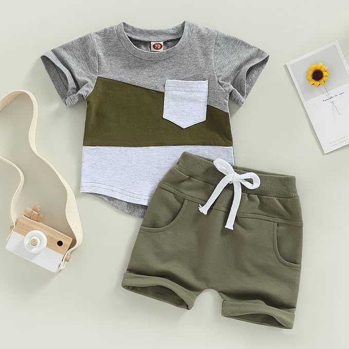 fhutpw Baby Toddler Boy Clothes Summer Outfits 6 12 18 24 Months Patchwork Short Sleeve T Shirt & Shorts Sets with Pockets