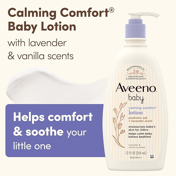 Aveeno Baby Calming Comfort Moisturizing Body Lotion with Relaxing Lavender & Vanilla Scents, Non-Greasy Baby Lotion, Nourishing Prebiotic Oatmeal, & No added parabens 12 fl. oz