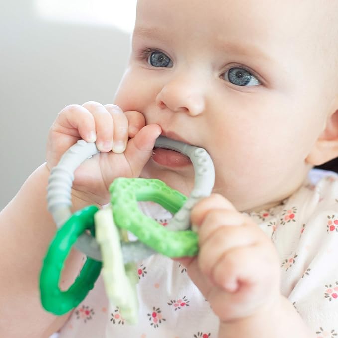 Bumkins Baby Teething Freezer Toy Keys Rings, Soft Flexible Pacifier to Chew, Cool Teether Gum Relief, Babies 3 Months, Freezable Platinum Silicone, Sensory Bracelet with Charms, Green and Gray
