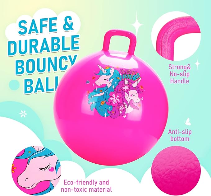 U&C Planet Hopper Ball 18 inches Bouncy Ball with Handle for Kids Age 3-6 Hoppity Hop Sit and Bounce Jumping Hopping Toy with Pump, Great Toddler Girls Toys for Birthday, Pink