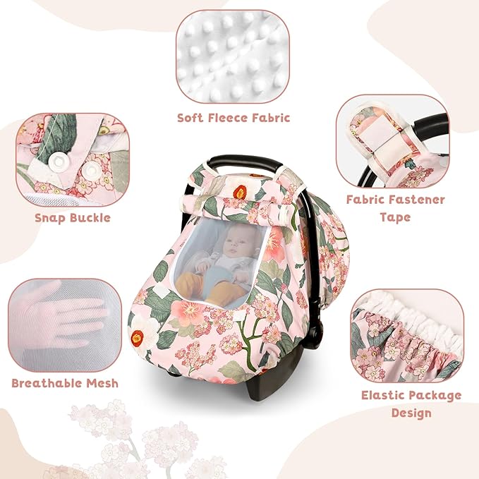 TANOFAR Car Seat Cover Baby, Winter Carseat Cover for Newborn, Infant Car Seat Cover with Windproof and Kick-Proof, Super Warm Plush Fleece Baby Carrier Cover for Infant Boys Girls (Floral)