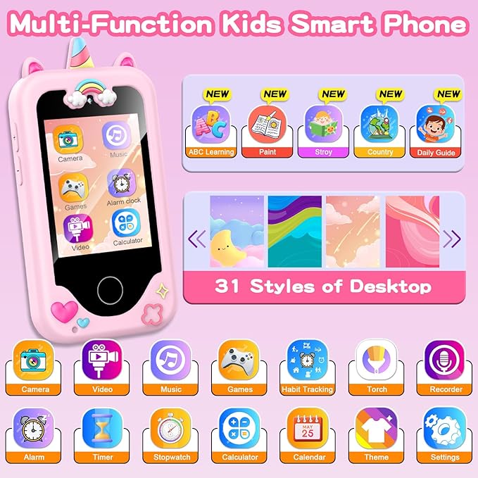 Nikuku Kids Phone for Girls, Toddler Smartphone Christmas Birthday Gift Age 3 4 5 6 7 8 9, Children Pretend Cellphone Toy with Dual Camera, Touchscreen, Learning Game, Music Player, 8GB Card(Pink)