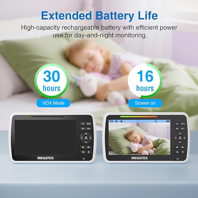 MEGATEK BabyView Video Baby Monitor with Camera and Audio, 5” Screen, Pan-Tilt-Zoom, No-WiFi 2.4GHz Wireless, 30-Hour Battery, Night Vision, 2-Way Talk, VOX, Lullabies, Timer, Temperature Alerts