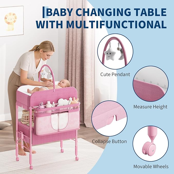 Adjustable Height Baby Changing Table with Wheels, Collapsible Diaper Station with 2 Drawers & Storage, Mobile Nursery Organizer with Waterproof Top for Newborns (Pink)