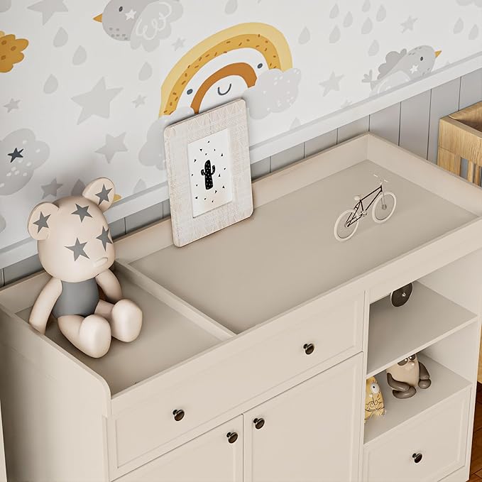 UbabyNest Wide Baby Changing Table Dresser with 2 Doors, 2 Different Size Drawer&Storage Cubbies, Durable Wood Construction, Built-in Shelves of Ample Storage for Nursery (Beige)