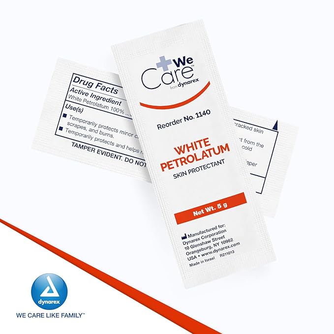 Dynarex White Petrolatum, Petroleum Jelly Ointment to Help Prevent and Treat Skin Irritation, Diaper Rash and Dryness, White, 144 Individual 5 Gram Foil Packs, Dynarex White Petrolatum