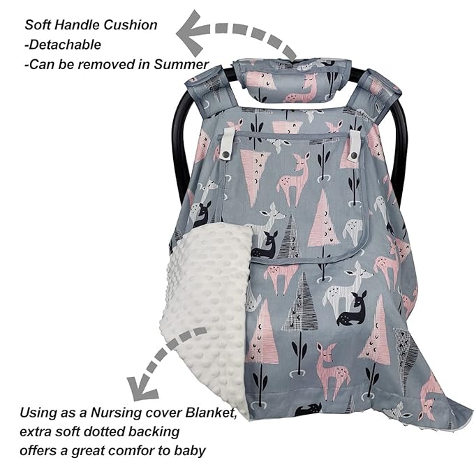 ICOPUCA Car Seat Covers for Babies Unisex Newborn, Carseat Cover Girls/boy with Handle Cushion, Suit Spring Autumn Winter, Deer, Cotton & White Minky;
